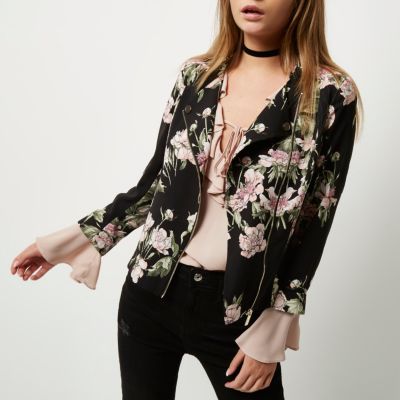 Black floral print zip front biker jacket